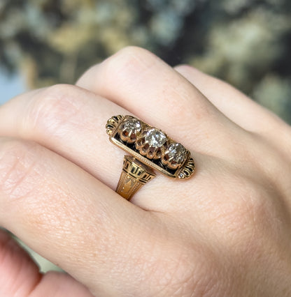 Victorian Old Mine Diamond & Black Enamel Ring in 14K Yellow Gold
