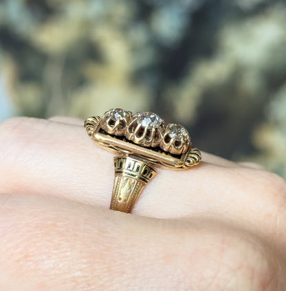 Victorian Old Mine Diamond & Black Enamel Ring in 14K Yellow Gold