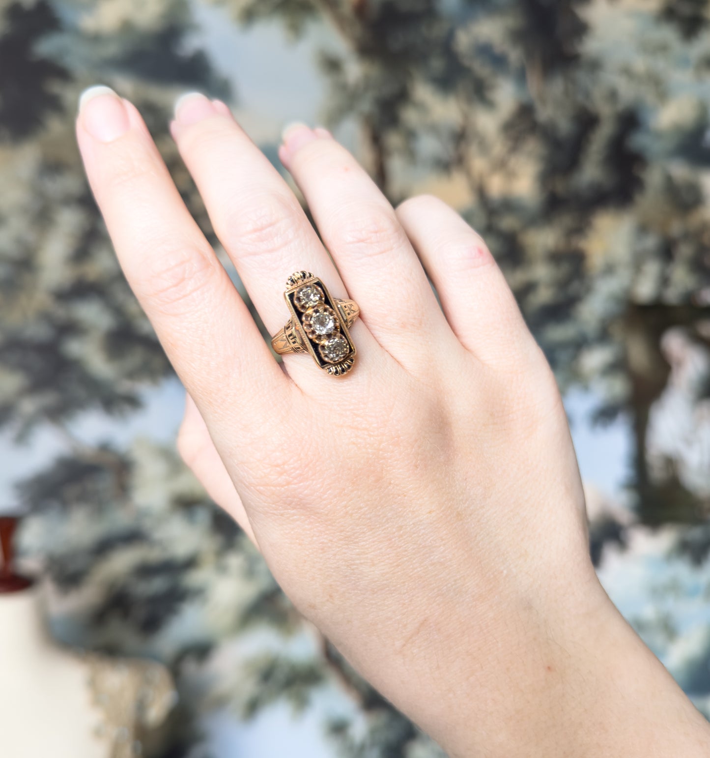 Victorian Old Mine Diamond & Black Enamel Ring in 14K Yellow Gold