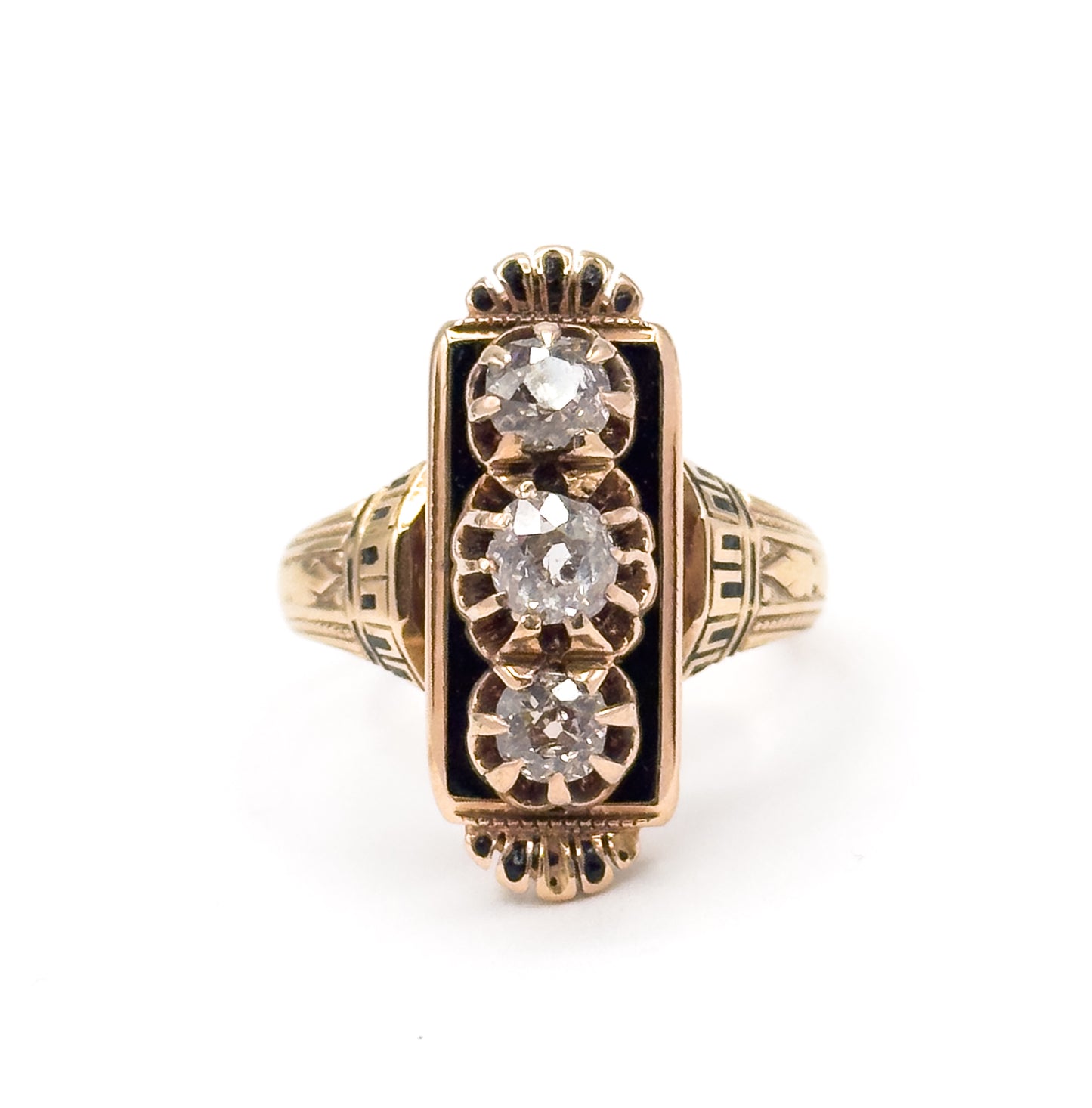 Victorian Old Mine Diamond & Black Enamel Ring in 14K Yellow Gold