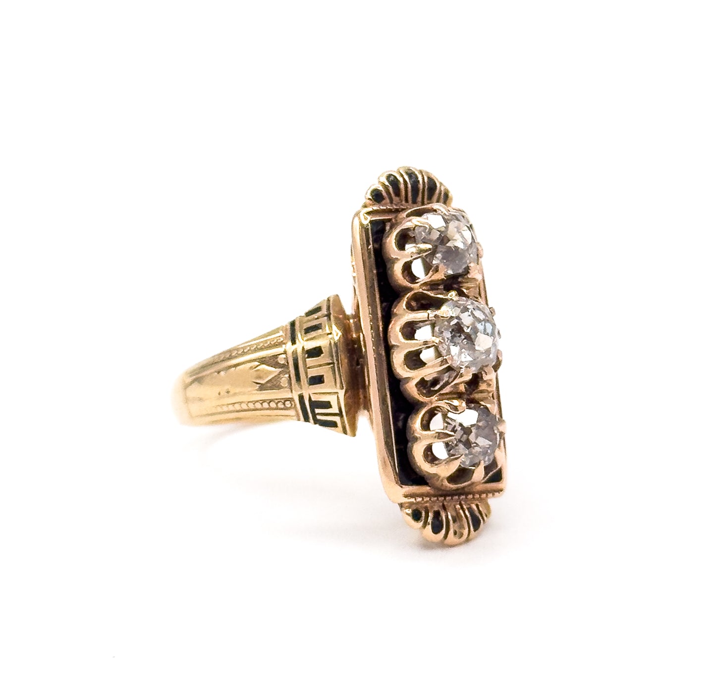 Victorian Old Mine Diamond & Black Enamel Ring in 14K Yellow Gold