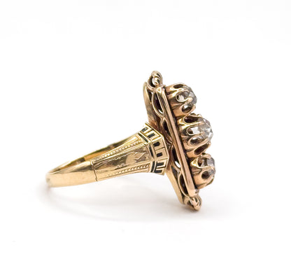Victorian Old Mine Diamond & Black Enamel Ring in 14K Yellow Gold