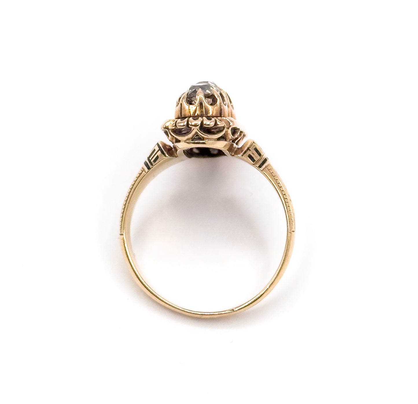 Victorian Old Mine Diamond & Black Enamel Ring in 14K Yellow Gold