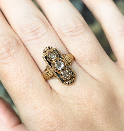 Victorian Old Mine Diamond & Black Enamel Ring in 14K Yellow Gold