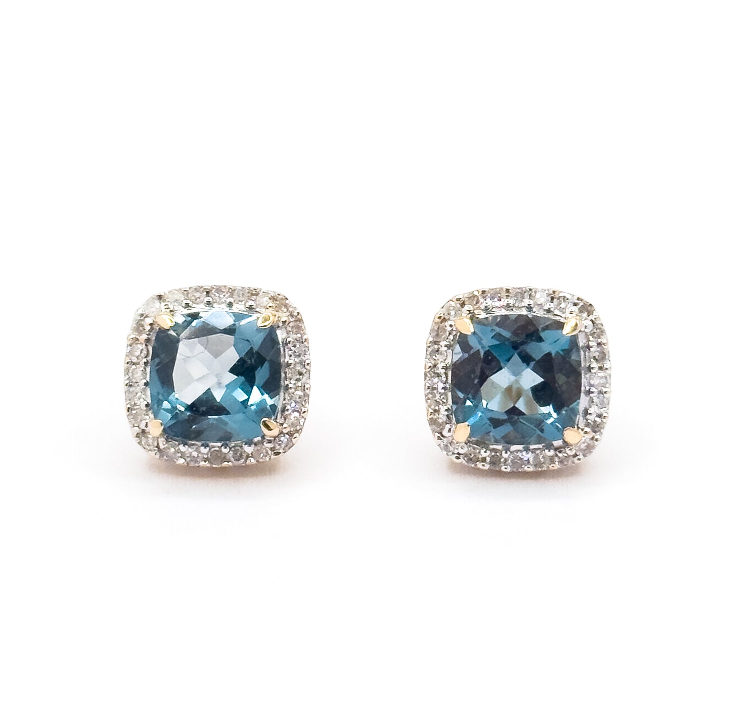 Contemporary Blue Topaz & Diamond Halo Stud Earrings in 14K Gold