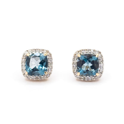 Contemporary Blue Topaz & Diamond Halo Stud Earrings in 14K Gold