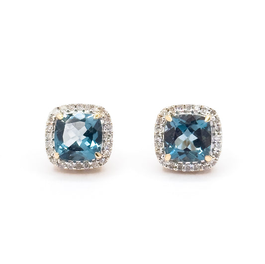 Contemporary Blue Topaz & Diamond Halo Stud Earrings in 14K Gold