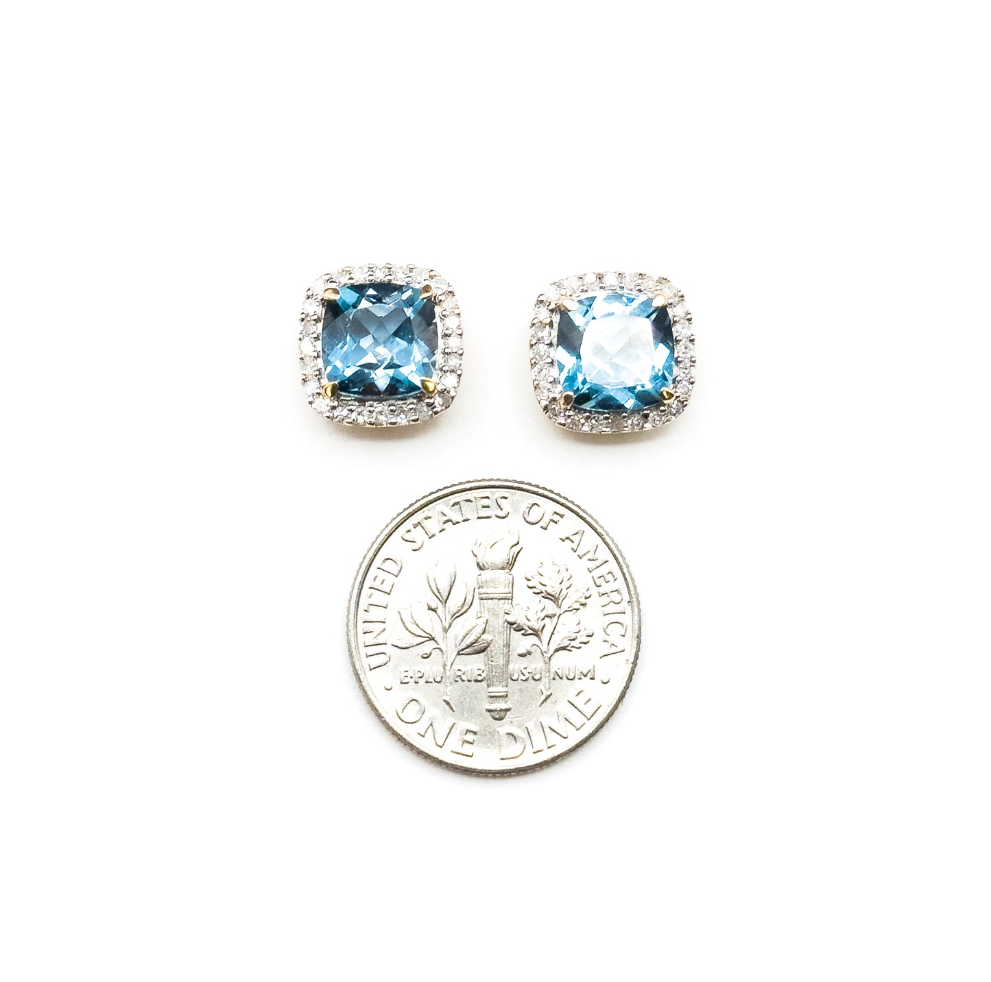 Contemporary Blue Topaz & Diamond Halo Stud Earrings in 14K Gold
