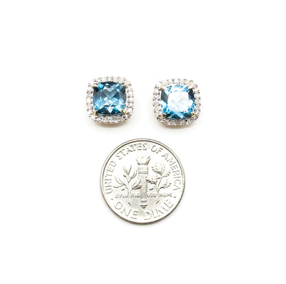Contemporary Blue Topaz & Diamond Halo Stud Earrings in 14K Gold