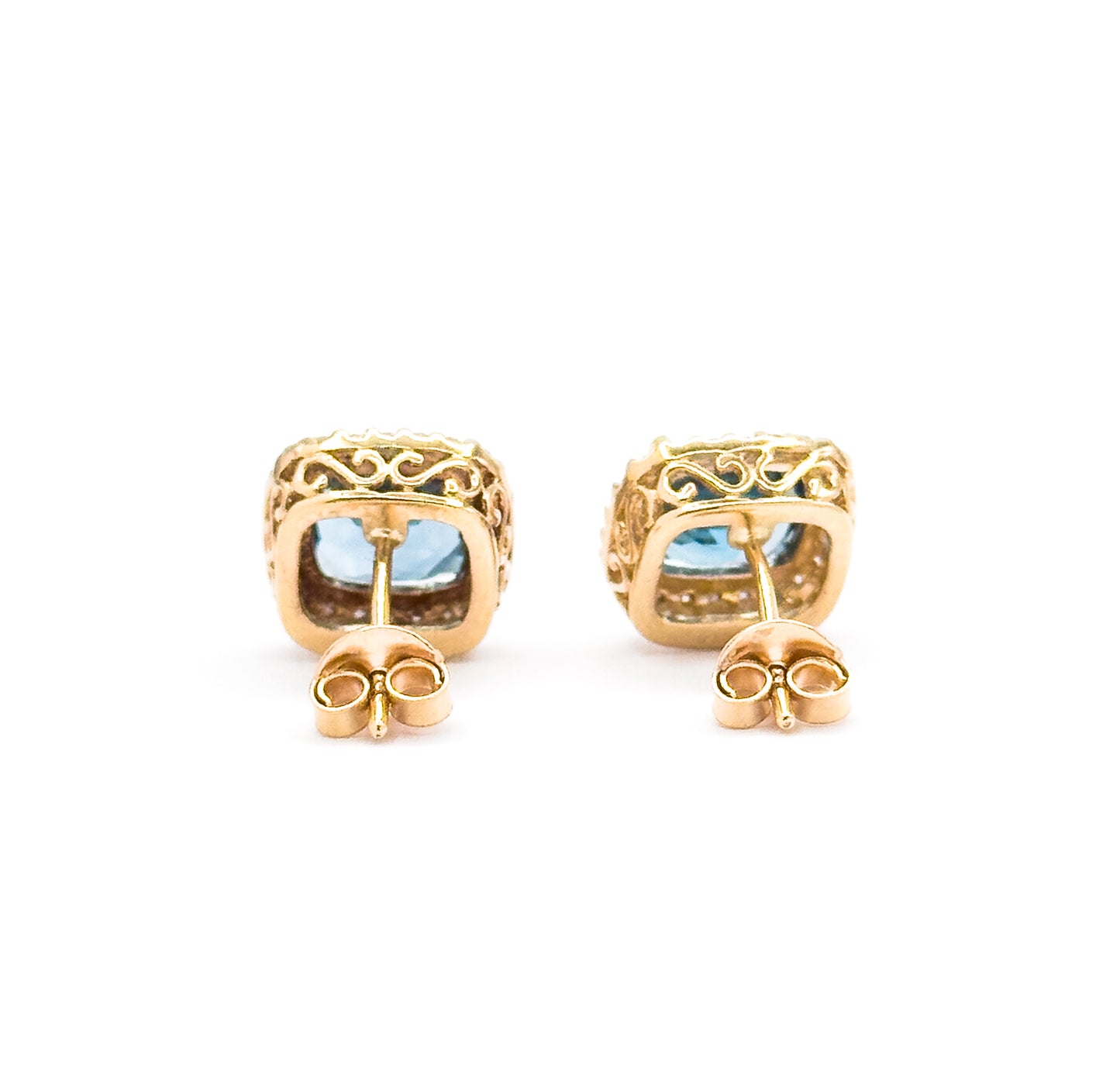 Contemporary Blue Topaz & Diamond Halo Stud Earrings in 14K Gold