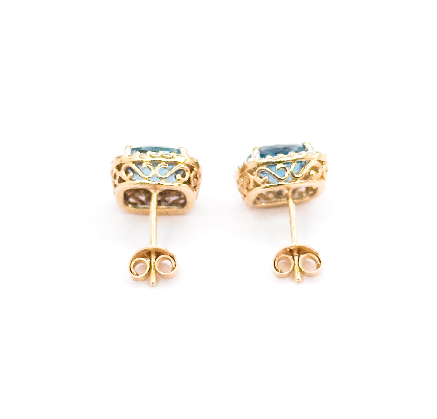 Contemporary Blue Topaz & Diamond Halo Stud Earrings in 14K Gold