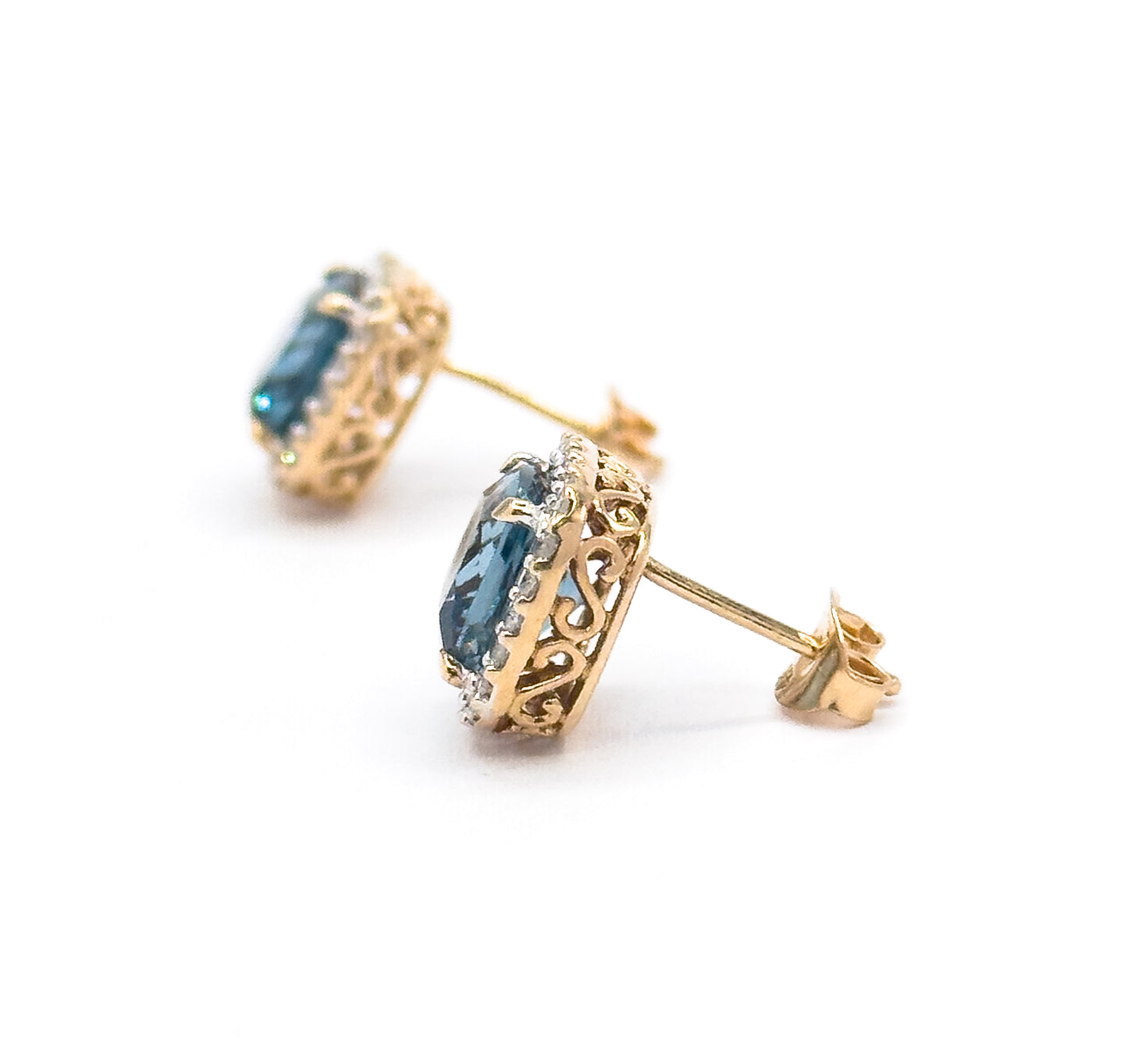 Contemporary Blue Topaz & Diamond Halo Stud Earrings in 14K Gold