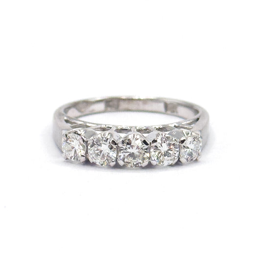 Vintage five-stone diamond band ring in 14K white gold, shown upright and face-on against a white background, with the row of round diamonds in basket settings above the tapering shank.