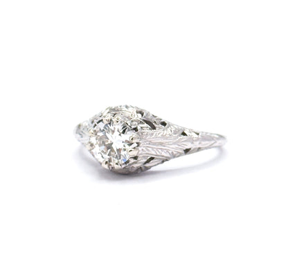 Art Deco Transitional Cut Diamond Ring in 14K White Gold