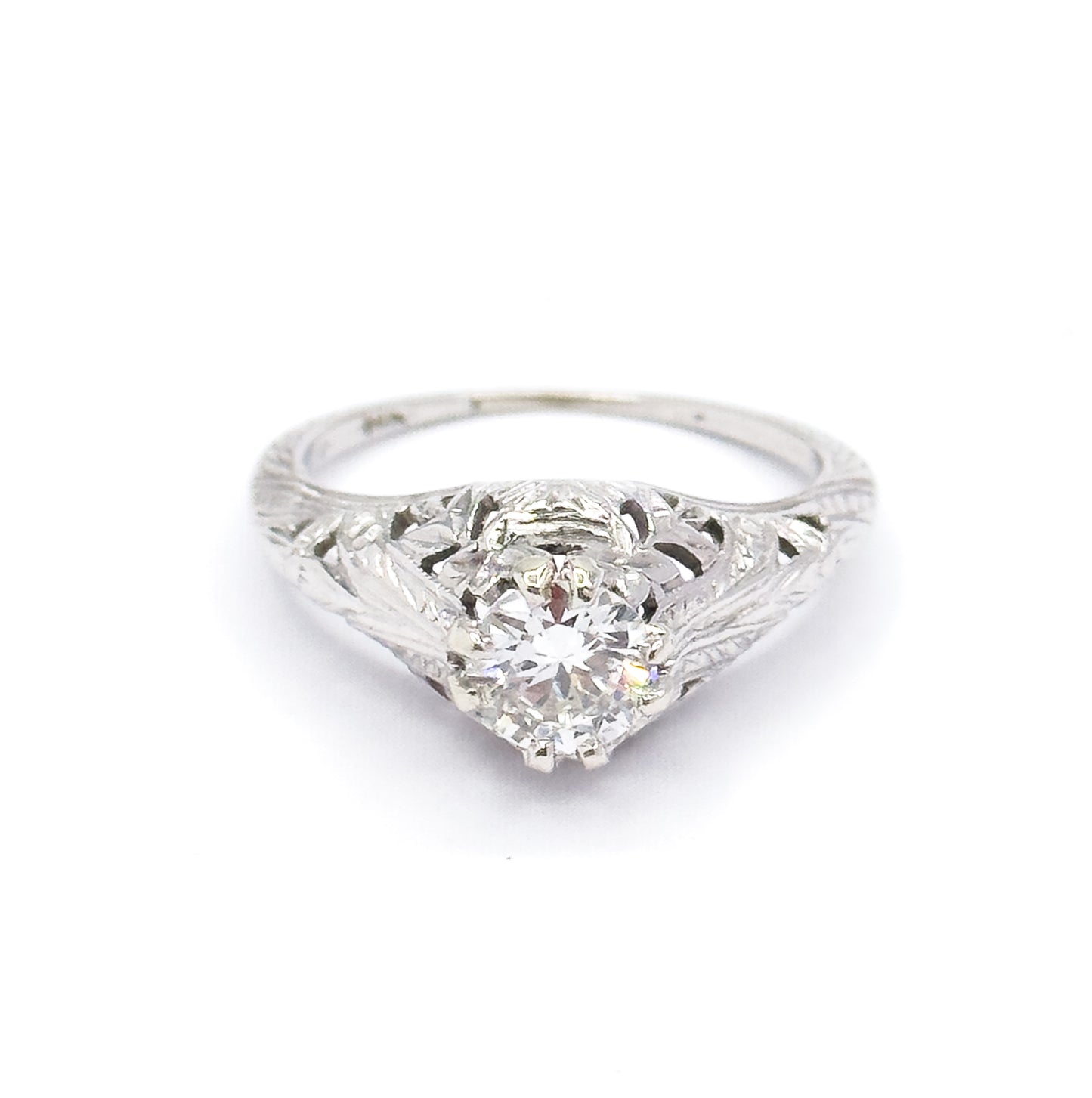 Art Deco Transitional Cut Diamond Ring in 14K White Gold