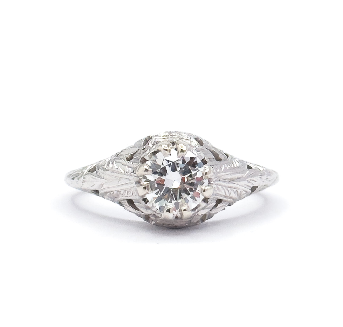 Art Deco Transitional Cut Diamond Ring in 14K White Gold