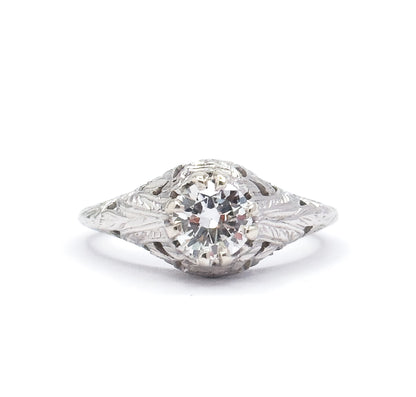Art Deco Transitional Cut Diamond Ring in 14K White Gold