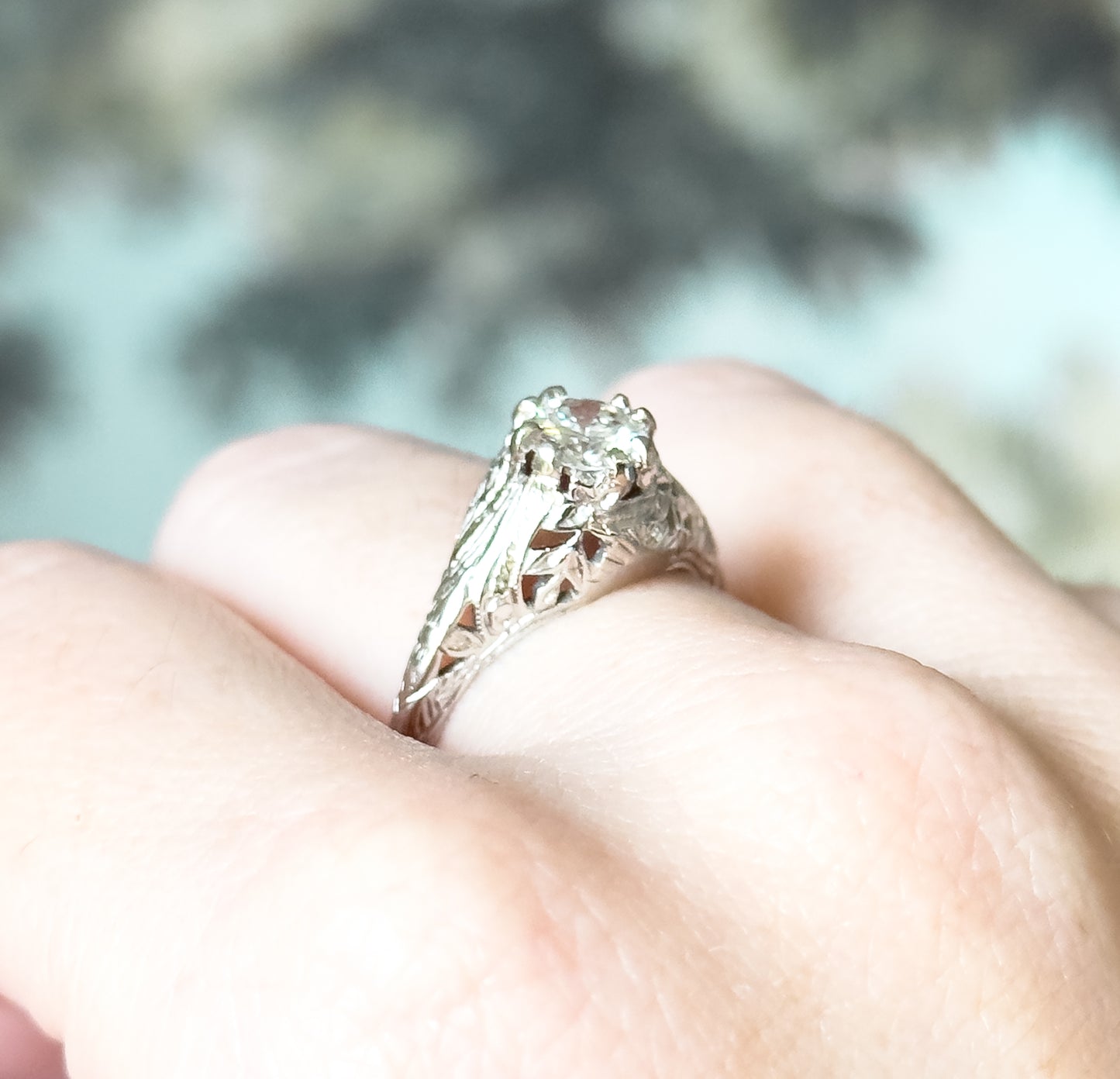 Art Deco Transitional Cut Diamond Ring in 14K White Gold
