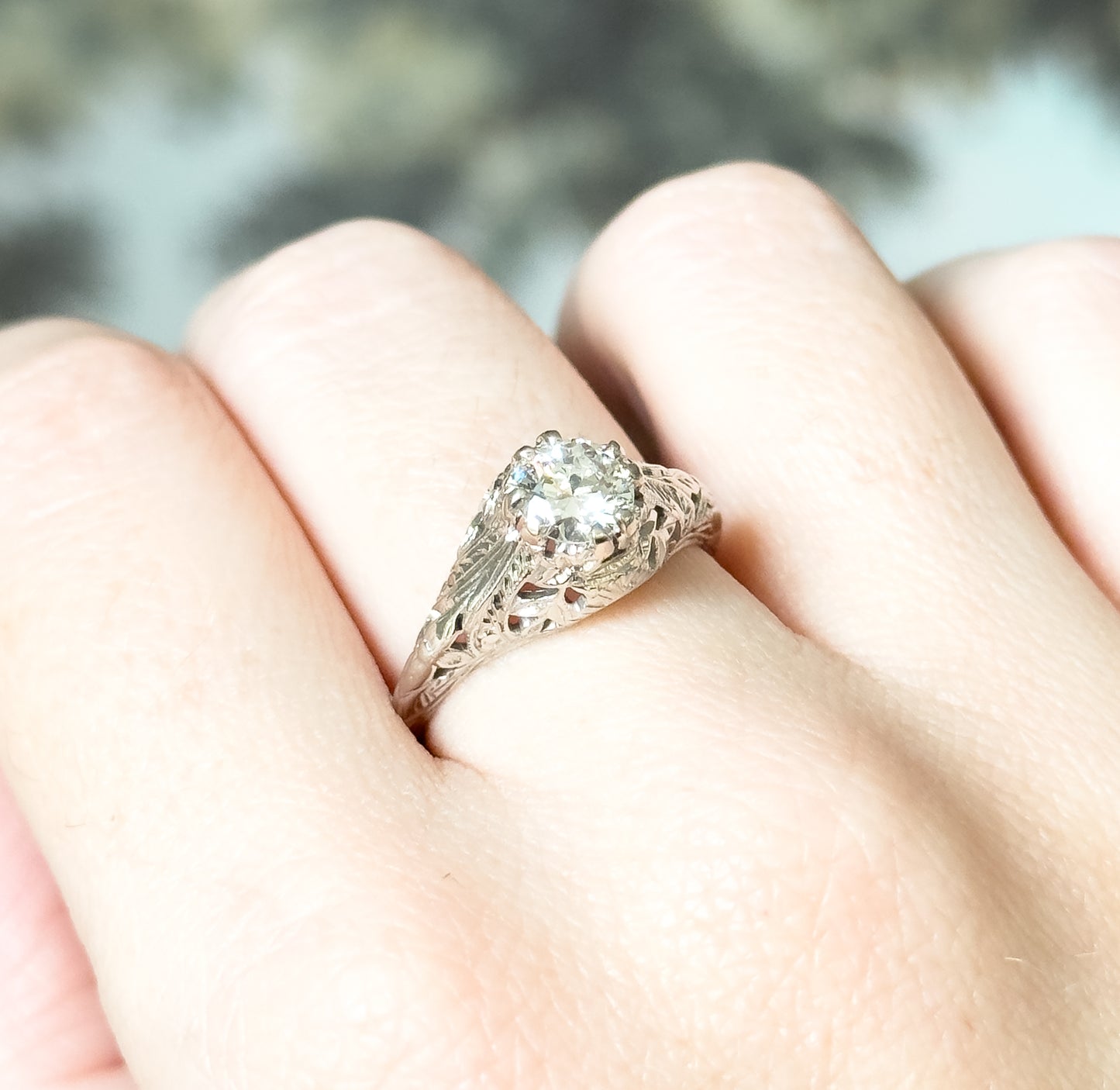 Art Deco Transitional Cut Diamond Ring in 14K White Gold