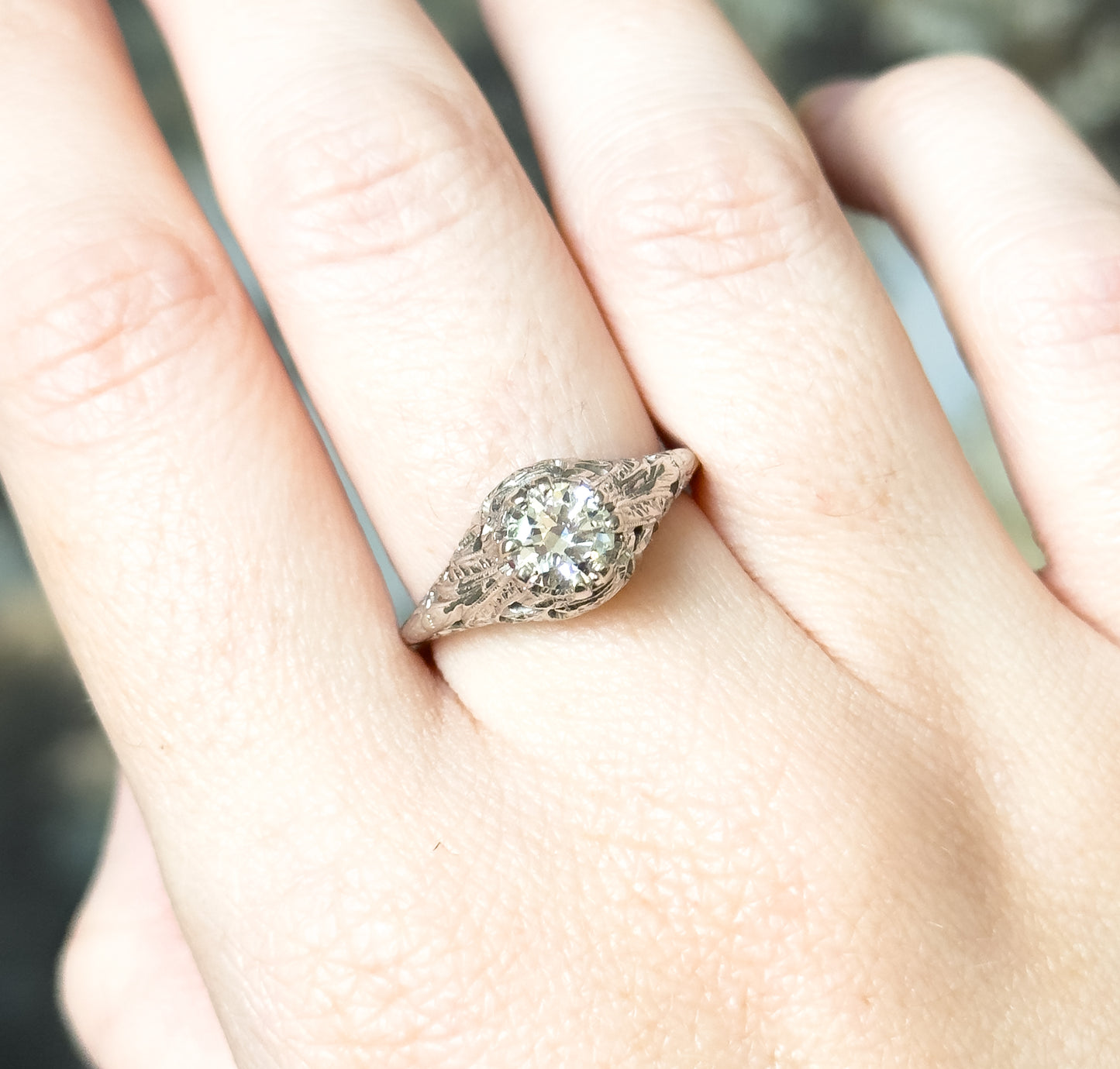 Art Deco Transitional Cut Diamond Ring in 14K White Gold