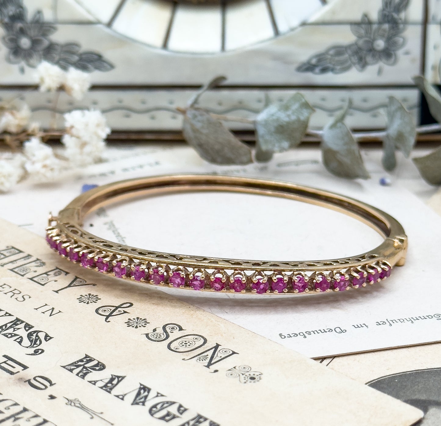 Vintage MidCentury Ruby Line Hinged Bangle Bracelet in 14K Gold