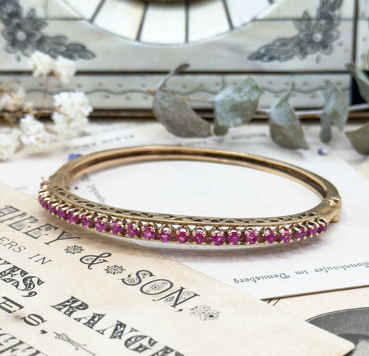 Vintage MidCentury Ruby Line Hinged Bangle Bracelet in 14K Gold