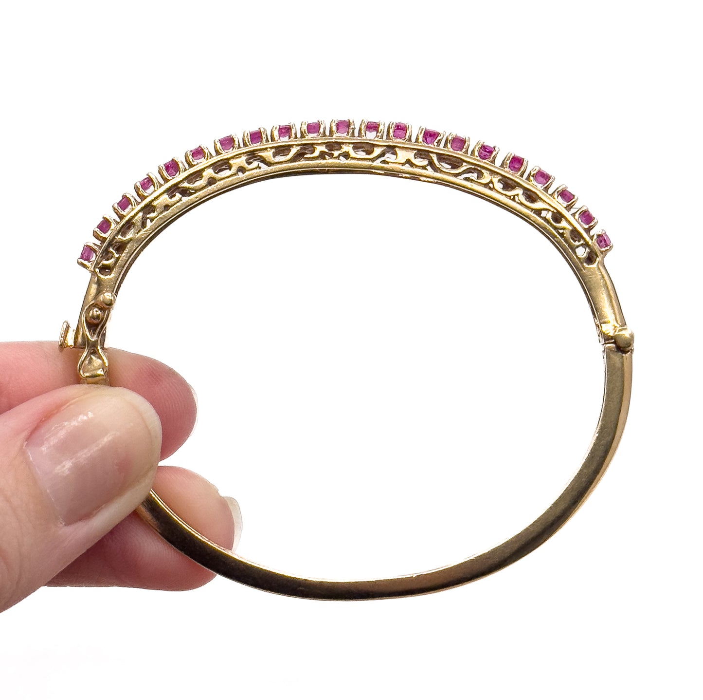 Vintage MidCentury Ruby Line Hinged Bangle Bracelet in 14K Gold