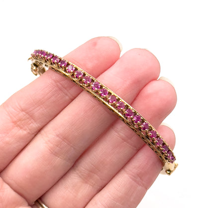 Vintage MidCentury Ruby Line Hinged Bangle Bracelet in 14K Gold