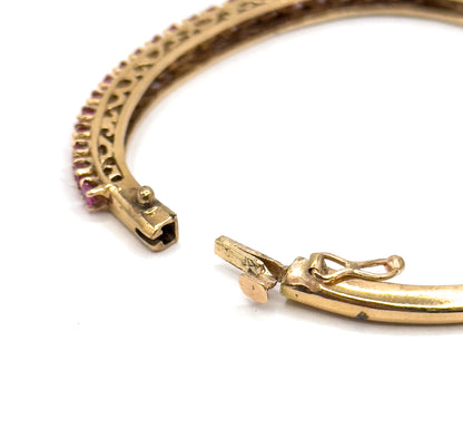 Vintage MidCentury Ruby Line Hinged Bangle Bracelet in 14K Gold