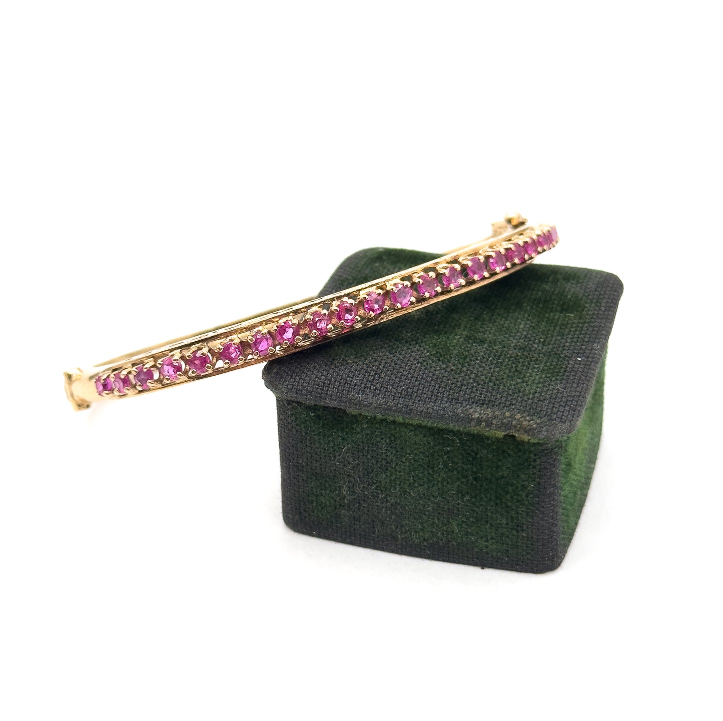 Vintage MidCentury Ruby Line Hinged Bangle Bracelet in 14K Gold