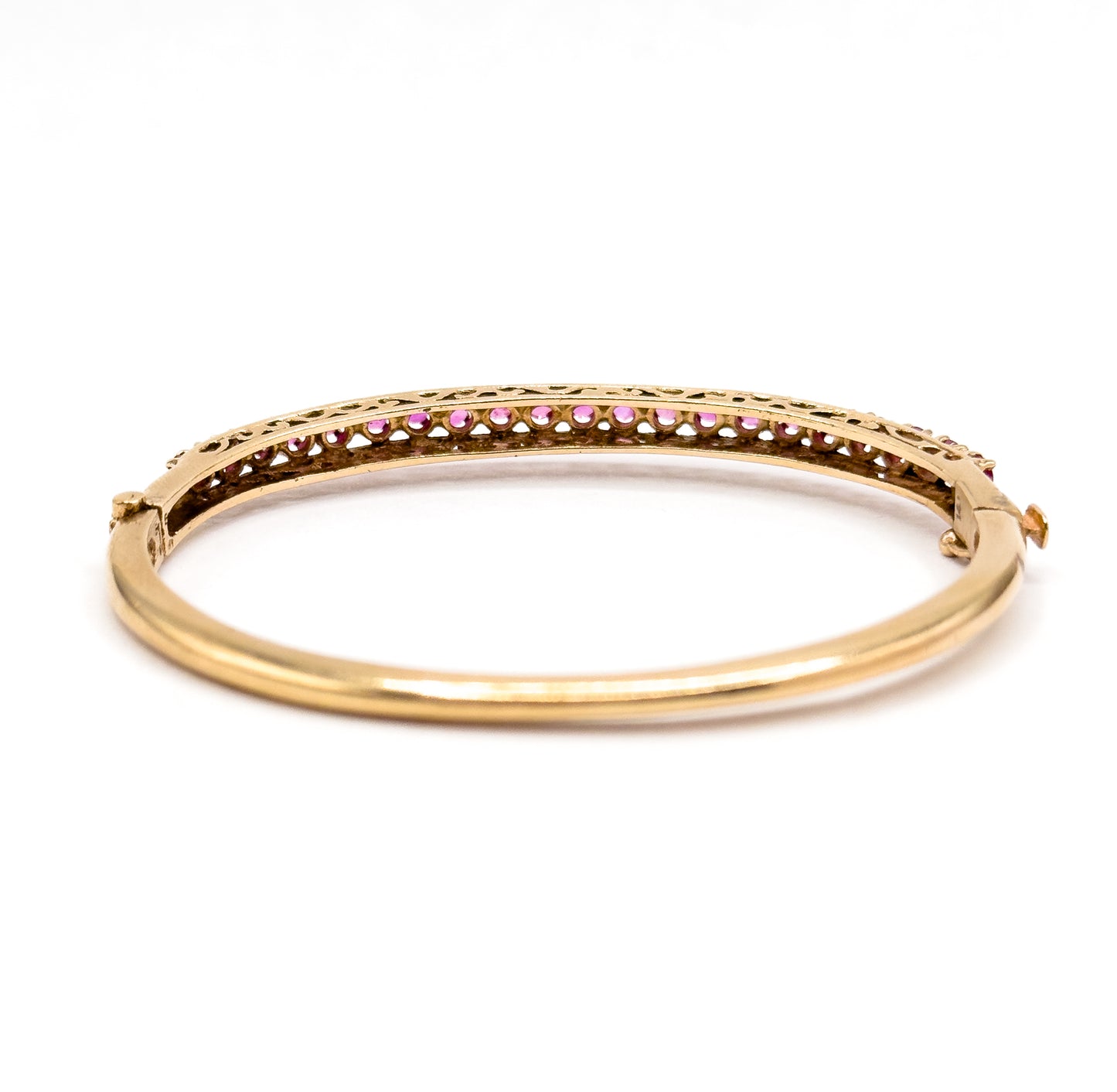 Vintage MidCentury Ruby Line Hinged Bangle Bracelet in 14K Gold