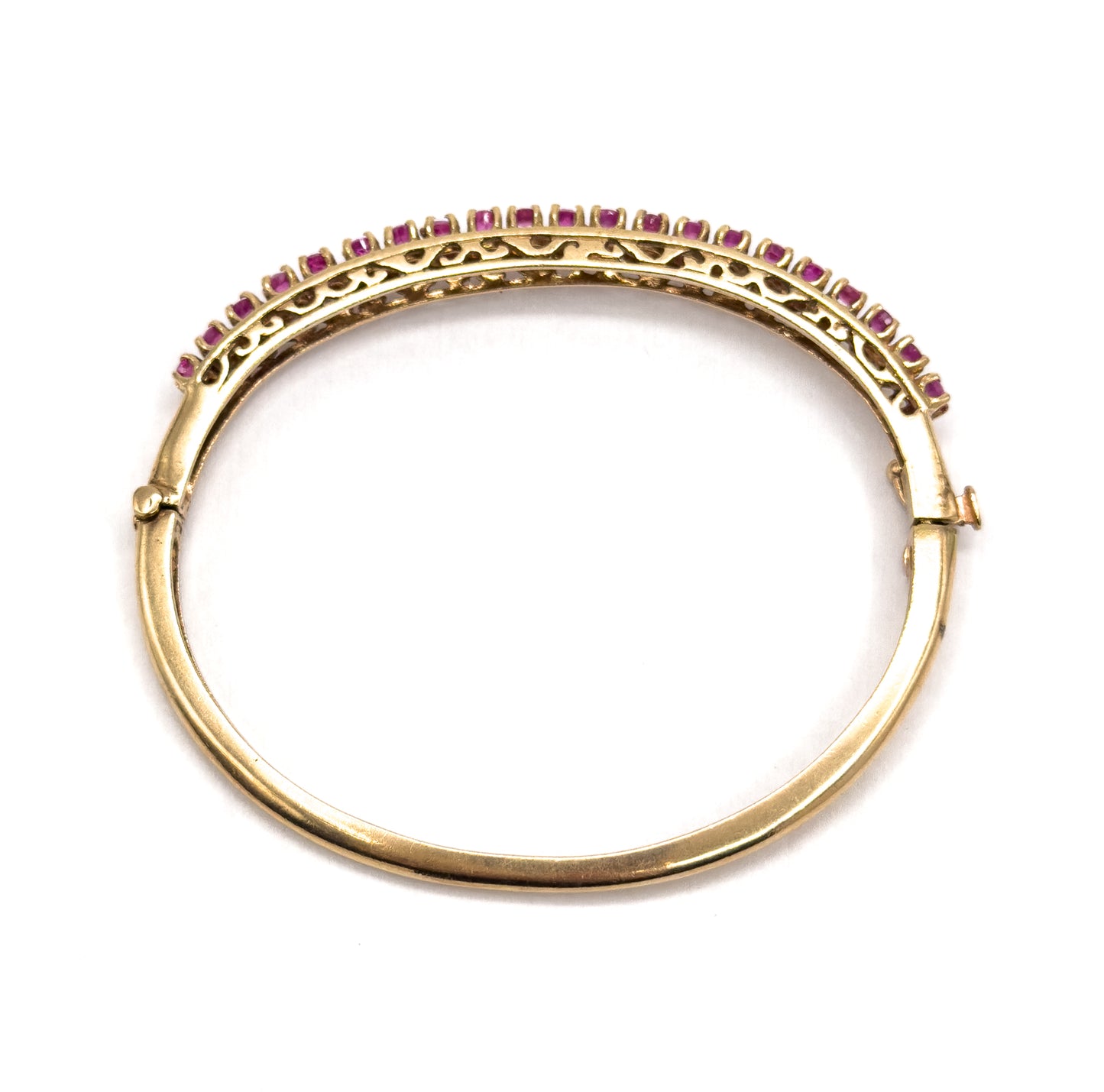 Vintage MidCentury Ruby Line Hinged Bangle Bracelet in 14K Gold
