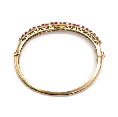 Vintage MidCentury Ruby Line Hinged Bangle Bracelet in 14K Gold