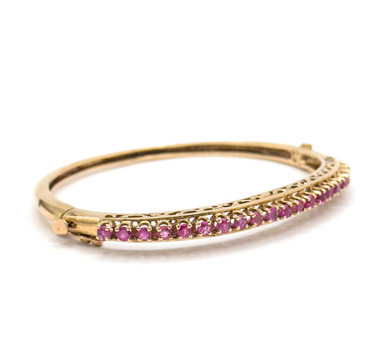Vintage MidCentury Ruby Line Hinged Bangle Bracelet in 14K Gold