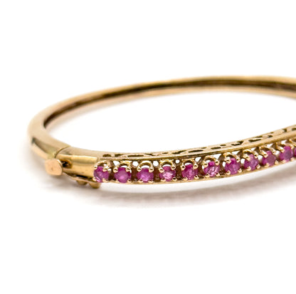 Vintage MidCentury Ruby Line Hinged Bangle Bracelet in 14K Gold