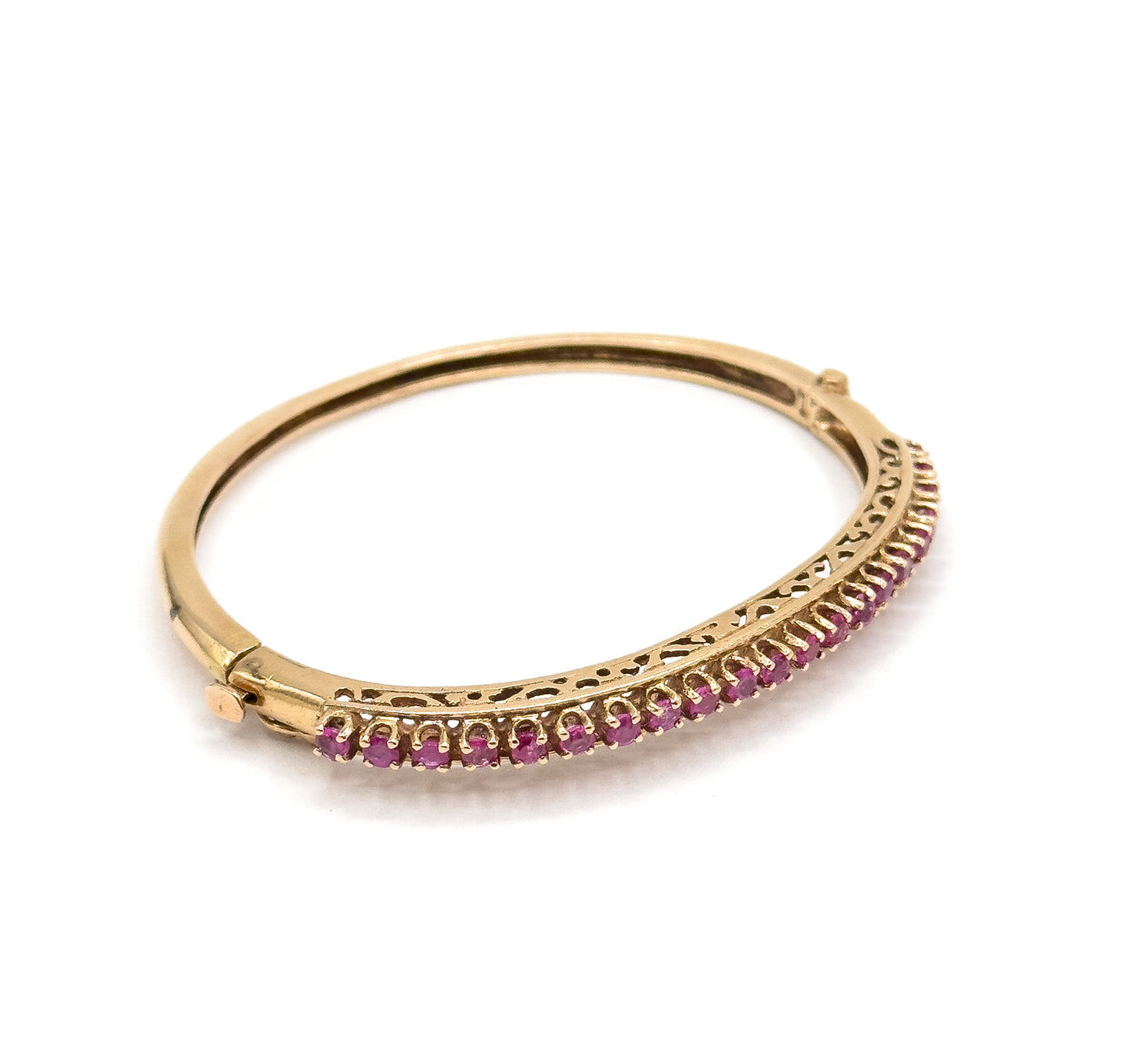 Vintage MidCentury Ruby Line Hinged Bangle Bracelet in 14K Gold
