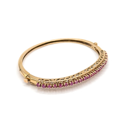 Vintage MidCentury Ruby Line Hinged Bangle Bracelet in 14K Gold