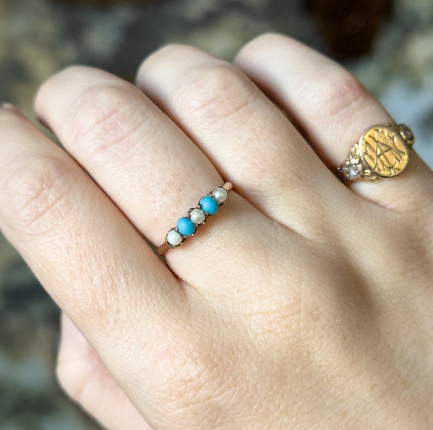 Victorian Turquoise & Pearl Stacking Ring in 10K Yellow Gold