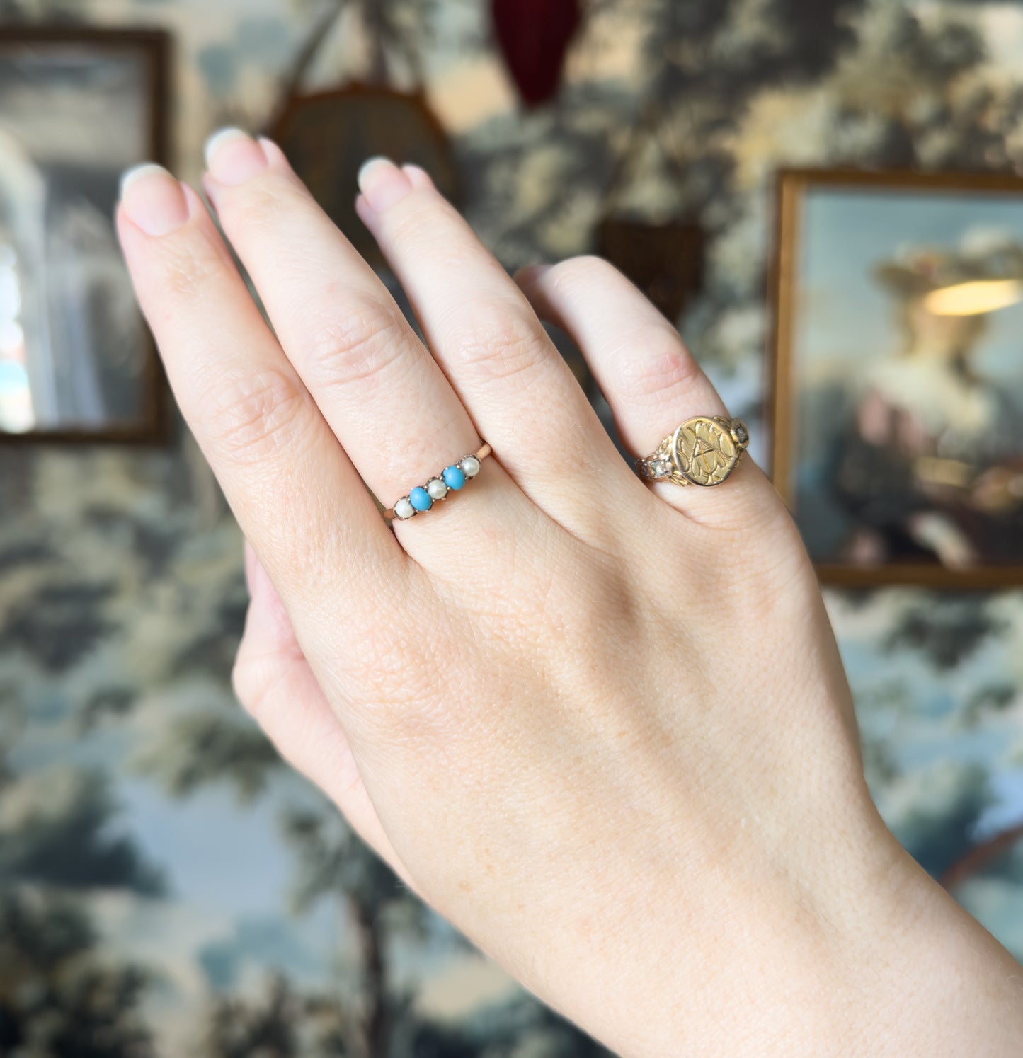 Victorian Turquoise & Pearl Stacking Ring in 10K Yellow Gold
