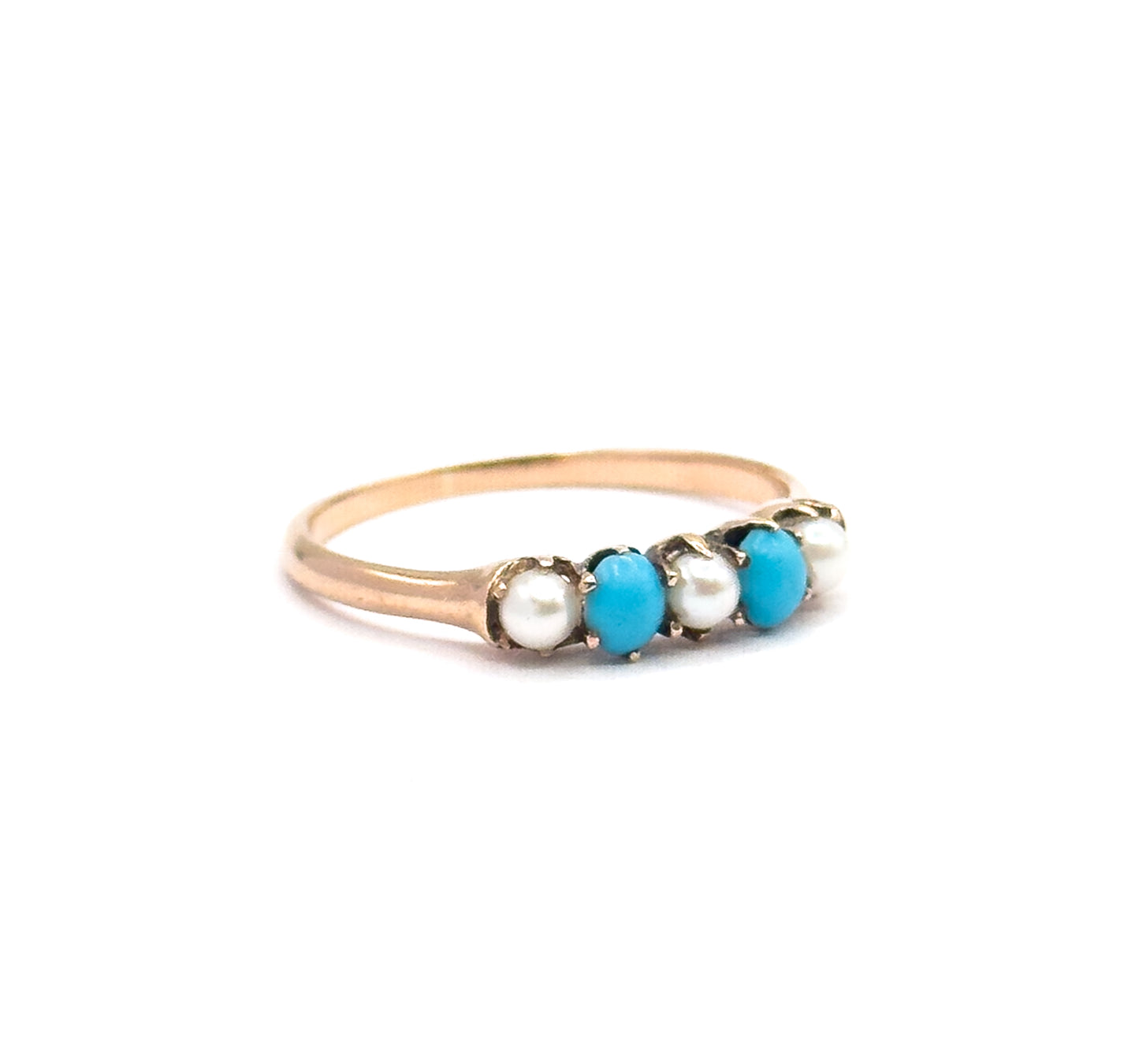 Victorian Turquoise & Pearl Stacking Ring in 10K Yellow Gold