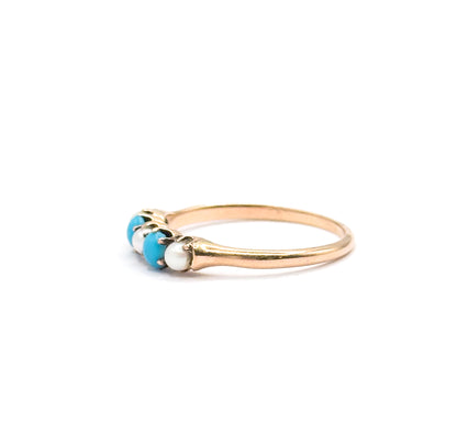 Victorian Turquoise & Pearl Stacking Ring in 10K Yellow Gold