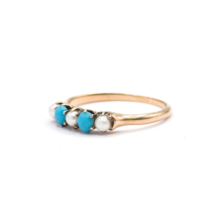 Victorian Turquoise & Pearl Stacking Ring in 10K Yellow Gold