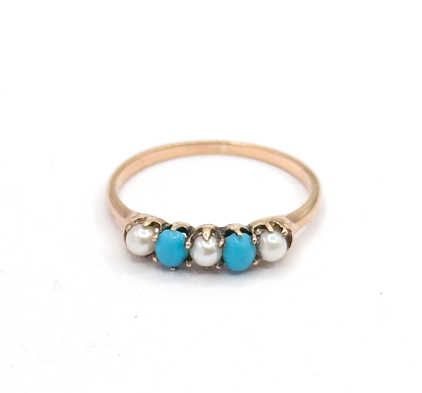 Victorian Turquoise & Pearl Stacking Ring in 10K Yellow Gold