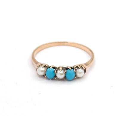 Victorian Turquoise & Pearl Stacking Ring in 10K Yellow Gold