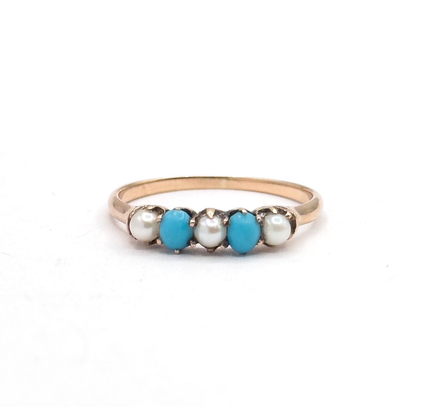 Victorian Turquoise & Pearl Stacking Ring in 10K Yellow Gold
