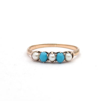 Victorian Turquoise & Pearl Stacking Ring in 10K Yellow Gold