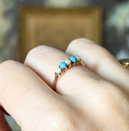 Victorian Turquoise & Pearl Stacking Ring in 10K Yellow Gold