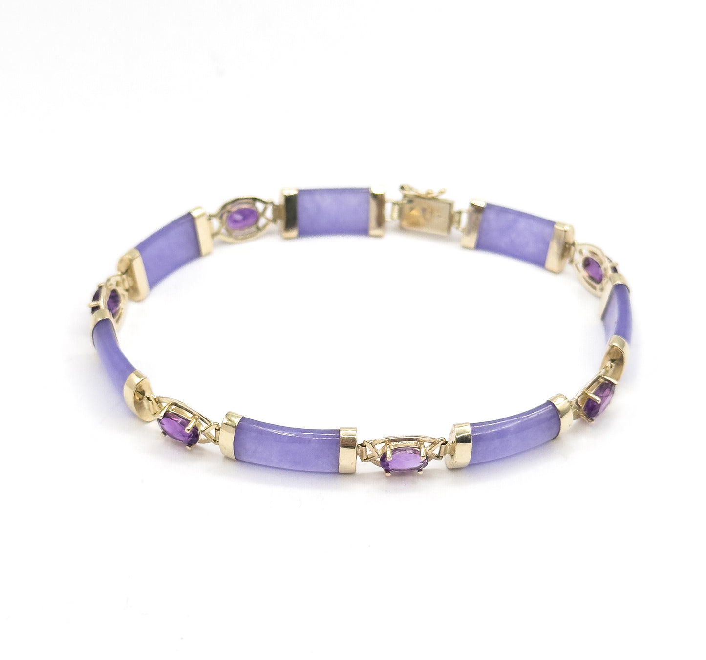 Vintage Chinese Amethyst & Lavender Jadeite Bracelet in 14K Yellow Gold