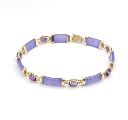 Vintage Chinese Amethyst & Lavender Jadeite Bracelet in 14K Yellow Gold