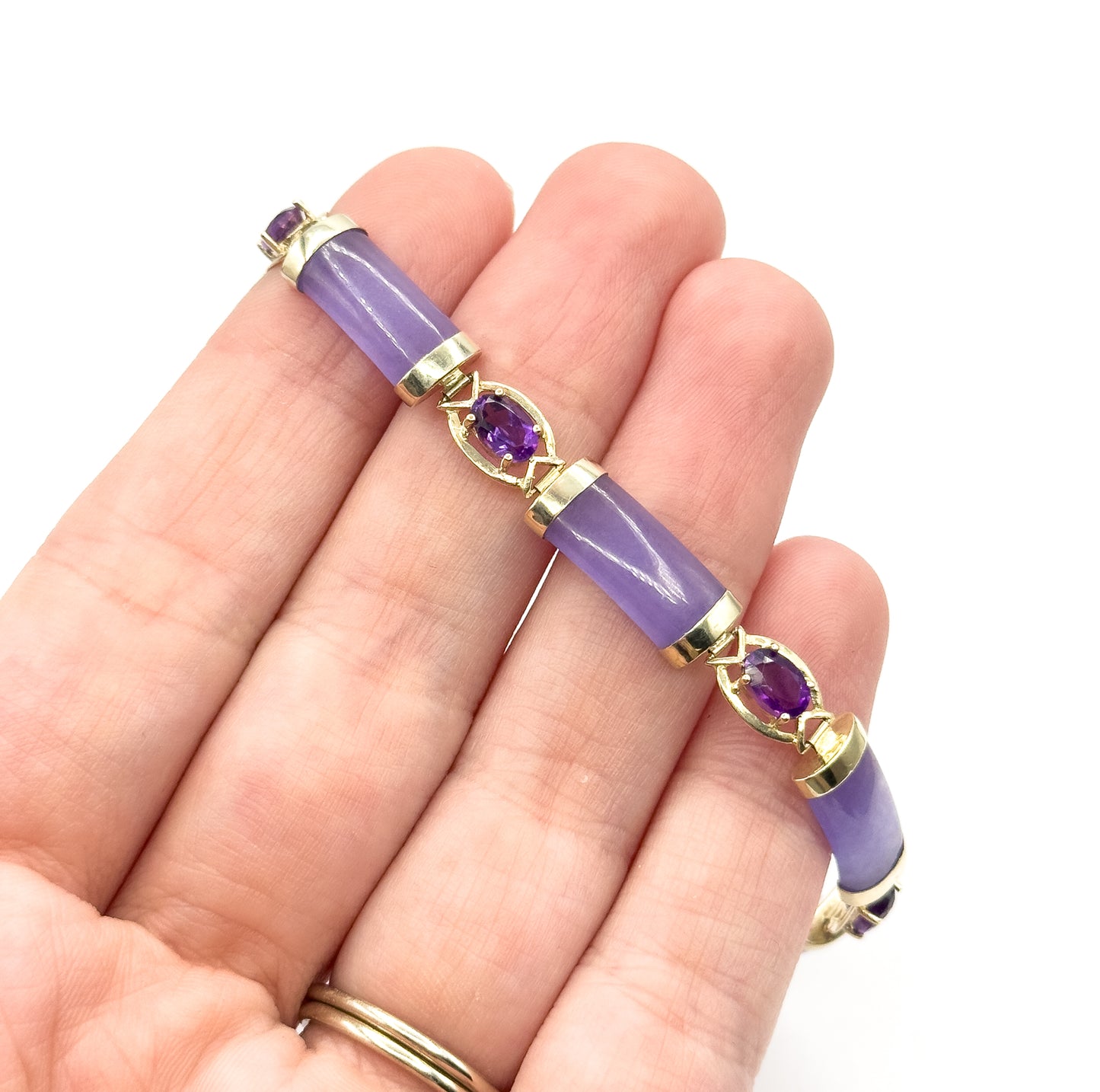 Vintage Chinese Amethyst & Lavender Jadeite Bracelet in 14K Yellow Gold